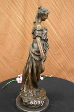 Signé Art Déco Jeune Femme Avec de Long Tige Fruit Bronze Marbre Statue Cadeau
