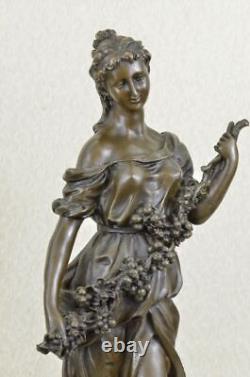 Signé Art Déco Jeune Femme Avec de Long Tige Fruit Bronze Marbre Statue Cadeau