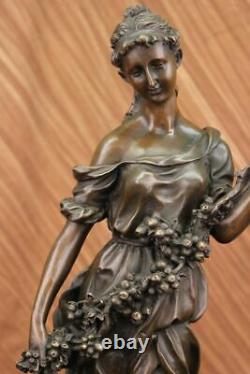 Signé Art Déco Jeune Femme Avec de Long Tige Fruit Bronze Marbre Statue Cadeau