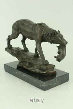 Signé Barye Loup Avec Cub Bronze Sculpture Statue Marbre Base Figurine Art Gift