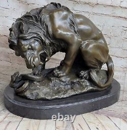 Signé Barye Très Large Lion Serpent Bronze Statue Marbre Base Sculpture Art Déco