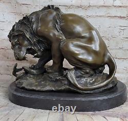 Signé Barye Très Large Lion Serpent Bronze Statue Marbre Base Sculpture Art Déco