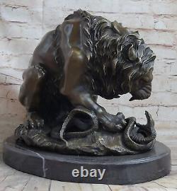 Signé Barye Très Large Lion Serpent Bronze Statue Marbre Base Sculpture Art Déco