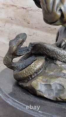 Signé Barye Très Large Lion Serpent Bronze Statue Marbre Base Sculpture Art Déco