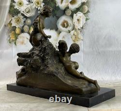 Signé Bronze Art Nouveau Sculpture Déesse Ange Détaillé Statue Sur Marbre