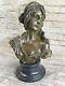 Signé Bronze Artisanal Classique Sculpture Femme Buste Statuette Sur Marbre Base