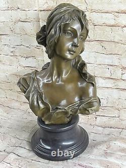 Signé Bronze Artisanal Classique Sculpture Femme Buste Statuette Sur Marbre Base