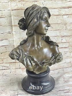 Signé Bronze Artisanal Classique Sculpture Femme Buste Statuette Sur Marbre Base