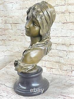 Signé Bronze Artisanal Classique Sculpture Femme Buste Statuette Sur Marbre Base