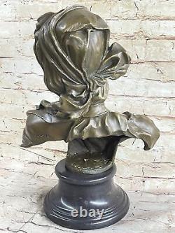 Signé Bronze Artisanal Classique Sculpture Femme Buste Statuette Sur Marbre Base