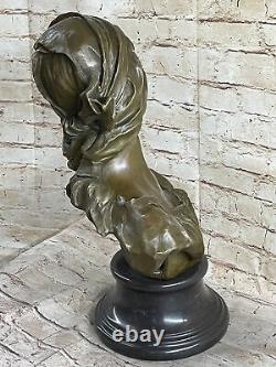 Signé Bronze Artisanal Classique Sculpture Femme Buste Statuette Sur Marbre Base