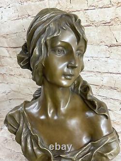 Signé Bronze Artisanal Classique Sculpture Femme Buste Statuette Sur Marbre Base