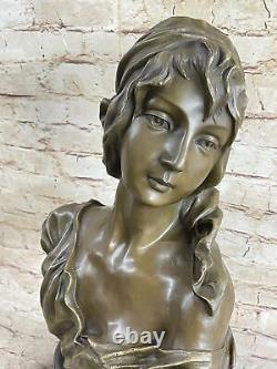 Signé Bronze Artisanal Classique Sculpture Femme Buste Statuette Sur Marbre Base