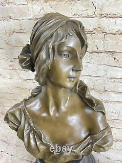 Signé Bronze Artisanal Classique Sculpture Femme Buste Statuette Sur Marbre Base