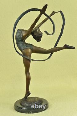 Signé Bronze Artisanal Statue Art Déco Gymnaste Sculpture Sur Marbre Base