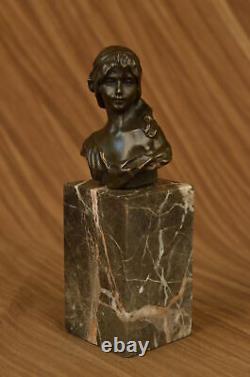 Signé Bronze Marbre Base Statue Portrait Buste Femme Fille Art Nouveau Décor