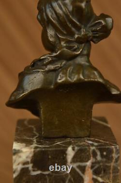 Signé Bronze Marbre Base Statue Portrait Buste Femme Fille Art Nouveau Décor