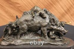 Signé Bronze Marbre Sauvage Sanglier Chasse Dogs Animal Sculpture Figurine Fonte