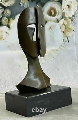 Signé Cubism Deux Visage Abstrait Marbre Base Sculpture Art Moderne Figurine