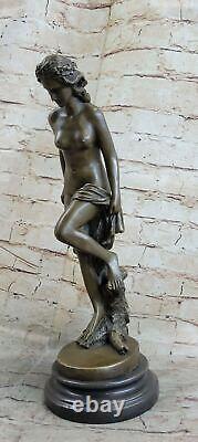 Signé Français Dalou Foire Maiden Bronze Sculpture Art Déco Marbre Base Ouvre Nr