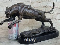 Signé Grand Bugatti Mountain Lion Bronze Sculpture Marbre Base Figurine Deal Nr