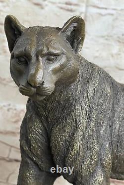 Signé Grand Bugatti Mountain Lion Bronze Sculpture Marbre Base Figurine Décor