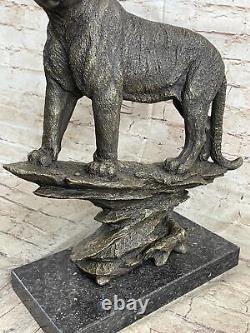 Signé Grand Bugatti Mountain Lion Bronze Sculpture Marbre Base Figurine Décor