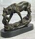 Signé Lecourtier Loup Avec Lionceau Bronze Sculpture Statue Marbre Base Figurine