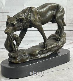 Signé Lecourtier Loup Avec Lionceau Bronze Sculpture Statue Marbre Base Figurine