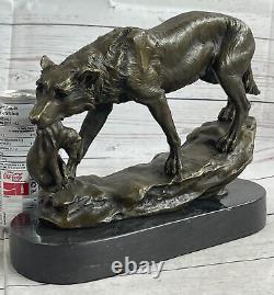 Signé Lecourtier Loup Avec Lionceau Bronze Sculpture Statue Marbre Base Figurine