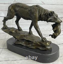 Signé Lecourtier Loup Avec Lionceau Bronze Sculpture Statue Marbre Base Figurine