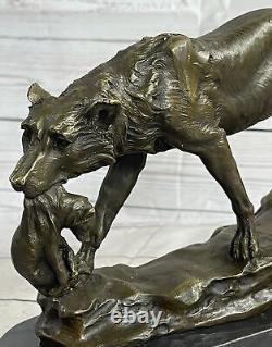 Signé Lecourtier Loup Avec Lionceau Bronze Sculpture Statue Marbre Base Figurine