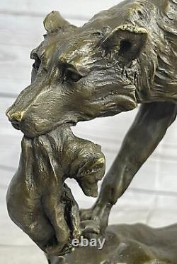 Signé Lecourtier Loup Avec Lionceau Bronze Sculpture Statue Marbre Base Figurine