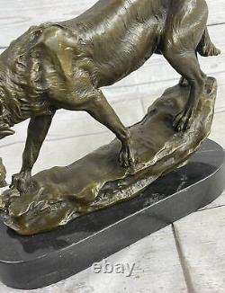 Signé Lecourtier Loup Avec Lionceau Bronze Sculpture Statue Marbre Base Figurine