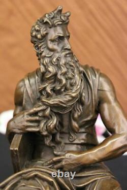 Signé Michelangelo Biblique Moïse Bronze Sculpture Juif Marbre Figurine Cadeau