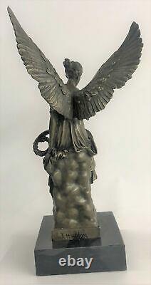 Signé Moreau Ange Assis Sur Celestial Trône Bronze Marbre Sculpture Décor Solde