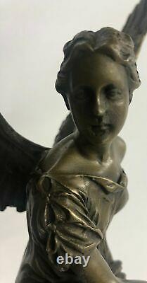 Signé Moreau Ange Assis Sur Celestial Trône Bronze Marbre Sculpture Décor Solde