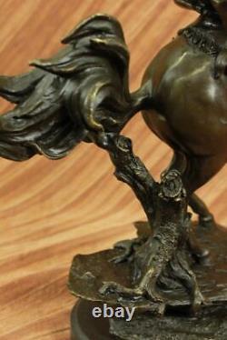 Signé Ouest Cowboy Avec Tronçonnage Cheval Bronze Sculpture Marbre Base Art