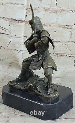 Signé Véritable Kamiko Japonais Samurai Warrior Bronze Marbre Socle Sculpture