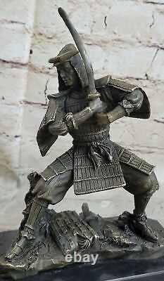 Signé Véritable Kamiko Japonais Samurai Warrior Bronze Marbre Socle Sculpture