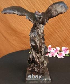 Signé Winged De Victoire Samothrace Bronze Sculpture Sur Marbre Base Figurine