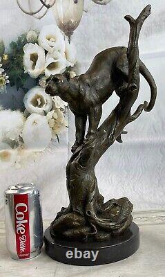 Signée 100 % Fonte Bronze Marbre Cougar Mountain Lion Panther Sculpture