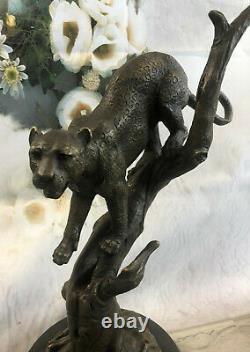 Signée 100 % Fonte Bronze Marbre Cougar Mountain Lion Panther Sculpture De