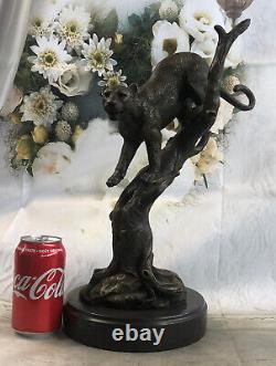 Signée 100 % Fonte Bronze Marbre Cougar Mountain Lion Panther Sculpture Statue