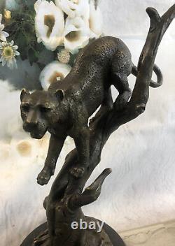 Signée 100 % Fonte Bronze Marbre Cougar Mountain Lion Panther Sculpture Statue