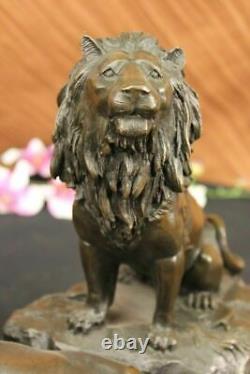 Signée Africain Lion Avec / Famille Bronze Sculpture Art Déco Marbre Figurine