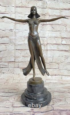 Signée Art Déco Descomps Ventre Danseuse Marbre Affaire Bronze Sculpture Statue