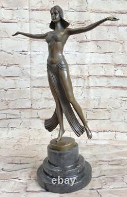 Signée Art Déco Descomps Ventre Danseuse Marbre Affaire Bronze Sculpture Statue