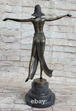 Signée Art Déco Descomps Ventre Danseuse Marbre Affaire Bronze Sculpture Statue