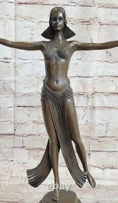 Signée Art Déco Descomps Ventre Danseuse Marbre Affaire Bronze Sculpture Statue
